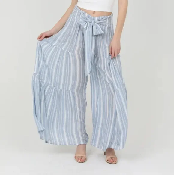 Wide leg striped palazzo pant w/tie waist - Picture 2 of 8